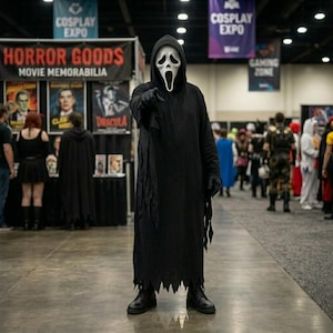 May include: A person in a black Scream costume, pointing. The costume features a hooded robe, a white mask with a screaming expression, and black gloves and boots. The background shows a convention with signs for "Cosplay Expo" and "Horror Goods".