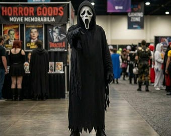 Disfraz de Ghostface para cosplay / Conjunto clásico de túnica negra y máscara de asesino en serie / Atuendo de película de terror de los 90