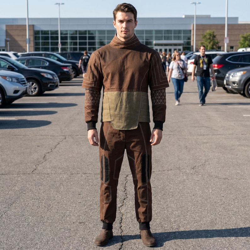 May include: A brown outfit with a high collar, short sleeves, and matching pants. The outfit has a green panel across the midsection and black accents on the pants. The person is standing in a parking lot with cars and people in the background.