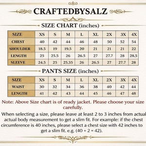 May include: A size chart for jackets and pants, with measurements in inches. The chart includes chest, shoulder, length, sleeve, waist, and length measurements for sizes XS to 4X. The text advises to choose size carefully.