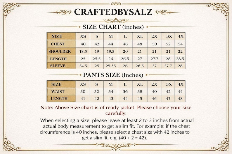 May include: A size chart for jackets and pants, with measurements in inches. The chart includes chest, shoulder, length, sleeve, waist, and length measurements for sizes XS to 4X. The text advises to choose size carefully.