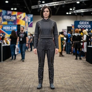 Puede incluir: Una persona con un atuendo de cosplay gris oscuro. El atuendo incluye una chaqueta corta con costuras verticales y patrones de diamantes en las mangas, pantalones de cintura alta a juego y botas grises. El atuendo se usa en una convenci&oacute;n.