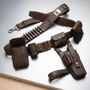 May include: A brown leather utility belt with multiple pouches, a holster, and a belt buckle. The belt includes a row of silver bullet casings and a silver clasp. The leather has a textured appearance.