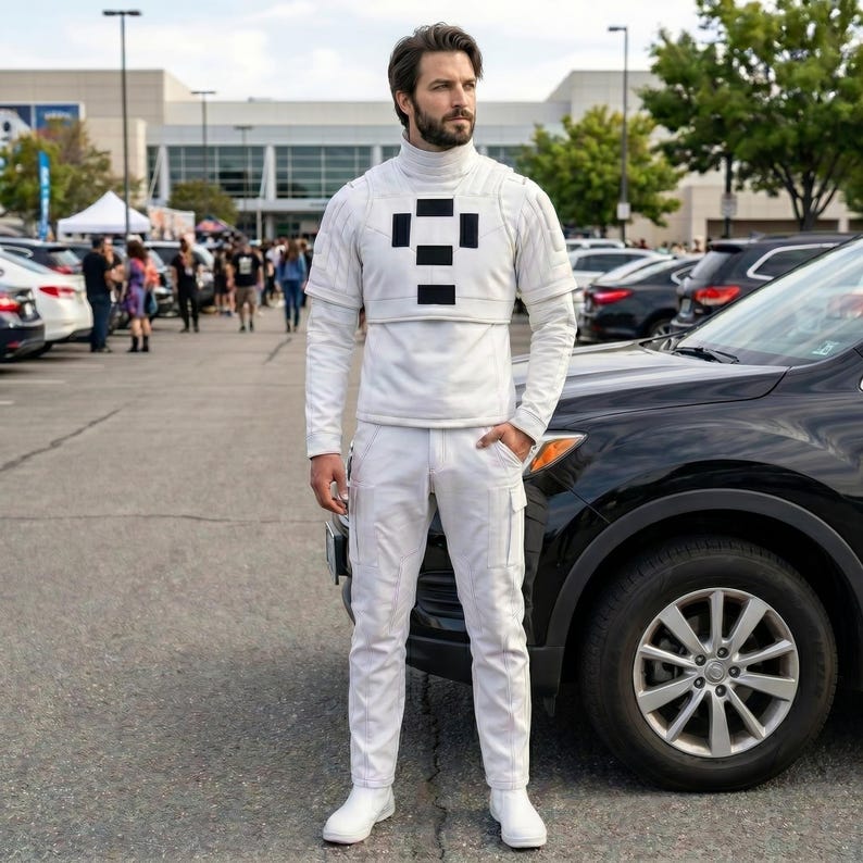 Puede incluir: Un atuendo blanco con cuello alto, mangas largas y pantalones cargo. El atuendo tiene un dise&ntilde;o cuadrado negro en el pecho. La persona est&aacute; de pie junto a un coche negro en un aparcamiento.