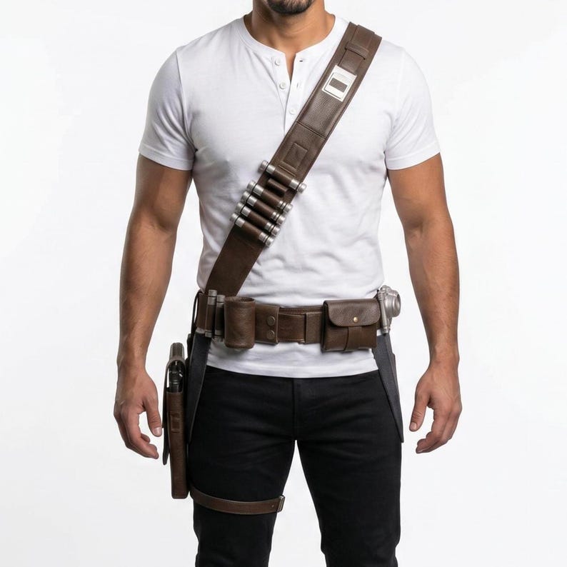 May include: A brown leather utility belt with multiple pouches, a holster, and a shoulder strap with silver bullet-shaped details. The belt is worn over black trousers and a white Henley shirt. A leg strap is also visible.