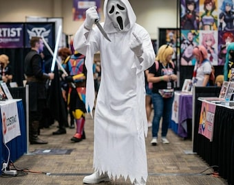 Disfraz de Ghostface para cosplay / Conjunto clásico de túnica blanca y máscara de asesino en serie / Atuendo de película de terror de los 90
