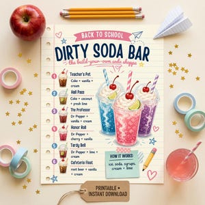 May include: A Back to School Dirty Soda Bar printable sign on lined paper featuring six soda recipes with illustrations of drinks, cherries, and limes. The text includes drink names like Teacher's Pet and Honor Roll, plus a How It Works section.