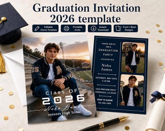 Editable Graduation Invitation 2026 Template,  Class of 2026  Canva Male Grad Party Invite