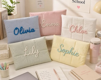 Personalized Puffy Laptop Sleeve,Custom Name Quilted Computer Bag,Chenille Laptop Case,Bridesmaid Gift