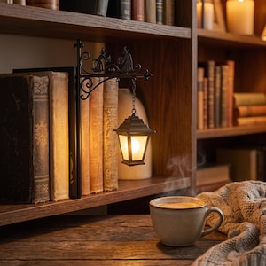 May include: A black metal bookend featuring a decorative wrought iron arm with a silhouette of a witch holding a lantern. A small, battery-operated lantern hangs from the arm, emitting a warm, soft glow between several vintage hardcover books.