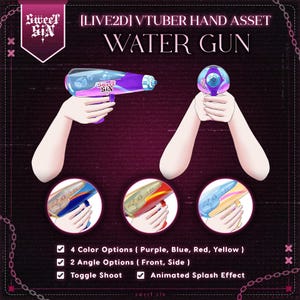 Puede incluir: Ilustración digital de una pistola de agua, un activo de mano para VTuber. La pistola se muestra en púrpura, azul y amarillo. El texto indica funciones como disparo de palanca y efecto de salpicadura animado.