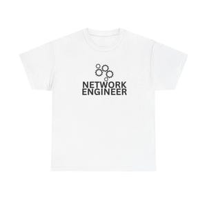 May include: A white short-sleeved t-shirt featuring a black graphic on the chest. The graphic consists of four interconnected gear icons positioned above the text "NETWORK ENGINEER" printed in a bold, sans-serif black font.