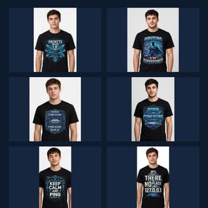 Puede incluir: Un paquete de 6 diseños gráficos digitales para ingenieros de redes, que incluye camisetas negras con varios estampados de temática tecnológica como Packets Never Lie, Routing Is My Superpower, Debug Configure Repeat, Born To Configure, Keep Calm And Ping y There Is No Place Like 127.0.0.1.
