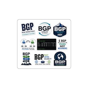 Op de afbeelding: Een stickervel met negen verschillende ontwerpen gerelateerd aan het Border Gateway Protocol. De afbeeldingen bevatten tekst zoals BGP, The Backbone of the Internet, Connecting the World, Peers Not Neighbors en diverse netwerkdiagrammen.
