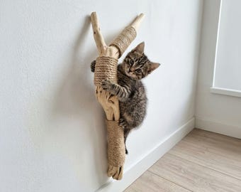 Árbol rascador de pared de madera flotante, rascador trepador hecho a mano, muebles modernos para gatos