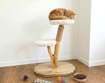 Árbol rascador para gatos con forma de nube, torre rascadora y estantes modernos de madera para gatos.