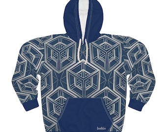 BUIKIN Series Geometric Isometric Cube Hoodie | Navy 3D Pattern Mindful Pullover