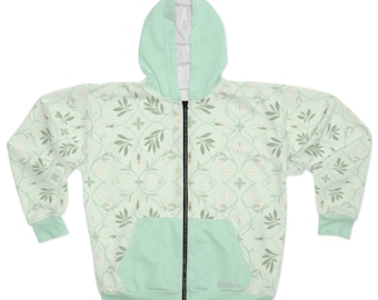Sudadera con capucha y cremallera con estampado floral menta / Estampado botánico verde pastel