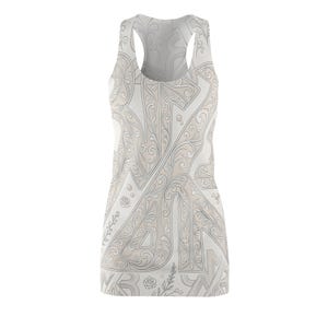 May include: White tank dress with a decorative pattern in light gray and beige. The dress features a racerback design and a knee-length hemline. The pattern includes floral and geometric elements, creating an elegant and artistic look.