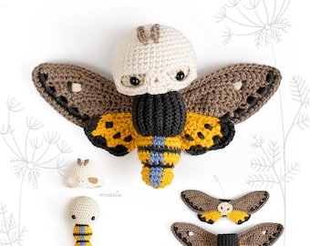 Crochet pattern lalylala DEATH's HEAD HAWKMOTH amigurumi diy • Acherontia skull moth, halloween costume accessory or decoration, spooky