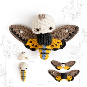 Crochet pattern lalylala DEATH's HEAD HAWKMOTH amigurumi diy • Acherontia skull moth, halloween costume accessory or decoration, spooky