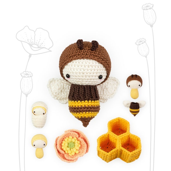 Modello all'uncinetto lalylala BEE Amigurumi fai da te • Calabrone, set da gioco del ciclo di vita, nido d'ape, fiore di papavero all'uncinetto, natura, modello all'uncinetto digitale