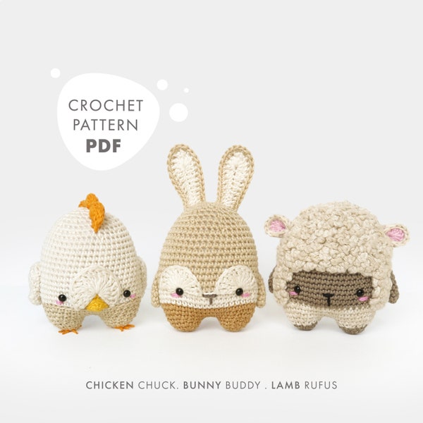 lalylala CROCHET PATTERN Easter Amigurumi Bunny, Chick, Lamb, DIY project for 3 farm animans to stuff your Easter basket, beginner friendly