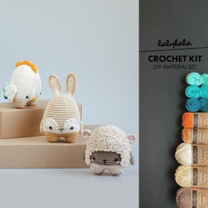 crochet kit lalylala seasons EASTER amigurumi diy • bunny, chick, sheep, farm animal, craft kit, seasonal easter decoration, gift