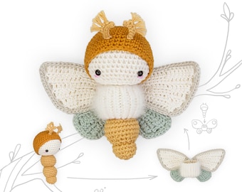 Crochet Pattern lalylala GOLDEN DAYDREAM MOTH amigurumi diy • butterfly, caterpillar plus interchangeable wings, stuffed animal, download