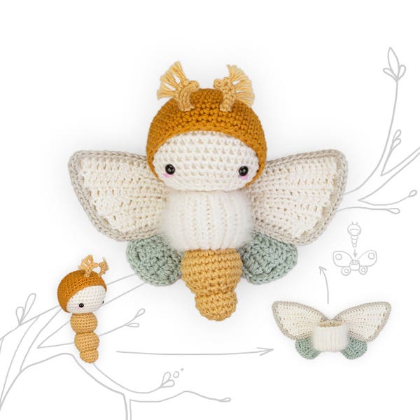 Crochet Pattern lalylala GOLDEN DAYDREAM MOTH amigurumi diy • butterfly, caterpillar plus interchangeable wings, stuffed animal, download