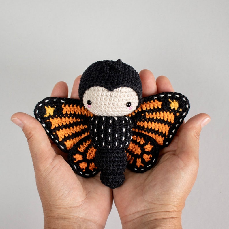 crochet kit lalylala MONARCH BUTTERFLY amigurumi diy orange and black butterfly, stuffed animal, baby rattle, nature, summer, spring image 6