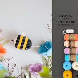 Crochet Kit Buzzing Bumble Bee, vibrating sensory toy - lalylala amigurumi crocheted bumblebee and flower, motoric baby toy easy DIY set