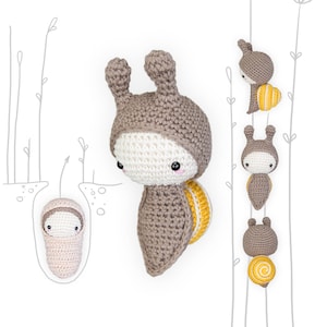 May include: A crocheted snail toy in various stages of development. The snail is brown with a yellow shell. The snail is shown in a curled up position, a partially extended position, and a fully extended position. The snail is also shown in a cocoon.