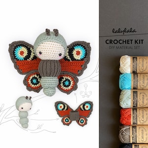 Conjunto de ganchillo lalylala OJO DE PAVO REAL Amigurumi DIY • Mariposa, juguete, conjunto hecho a mano para animal de ganchillo, juguete de ganchillo, sonajero bebé, natural
