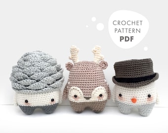 lalylala CROCHET PATTERN Winter Amigurumi Pinecone, Stag, Snowman, DIY project for 3 characters to play & decorate, beginner friendly