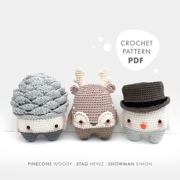 lalylala CROCHET PATTERN Winter Amigurumi Pinecone, Stag, Snowman, DIY project for 3 characters to play & decorate, beginner friendly