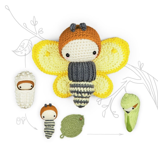 haakpatroon lalylala MONSTER FLY Amigurumi DIY • Levenscyclus speelset Vlinder Rups Educatief speelgoed Digitaal haakpatroon