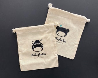 Sac en tissu lalylala LOGO ours / crochet fille coton • Petit sac pour projets de crochet amigurumi, emballage pour crochet de fil de laine