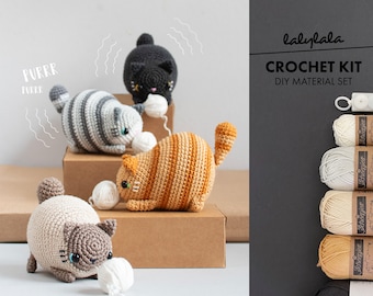 Crochet Kit Purring Cat, vibrating sensory toy - lalylala amigurumi crocheted pet kitty catching a yarn ball, motoric baby toy easy DIY set