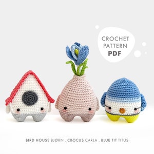 lalylala CROCHET PATTERN Spring Amigurumi Birdhouse, Bird, Flower Bulb, DIY project for 3 characters to play & decorate, beginner friendly image 1