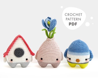 lalylala CROCHET PATTERN Spring Amigurumi Birdhouse, Bird, Flower Bulb, DIY project for 3 characters to play & decorate, beginner friendly