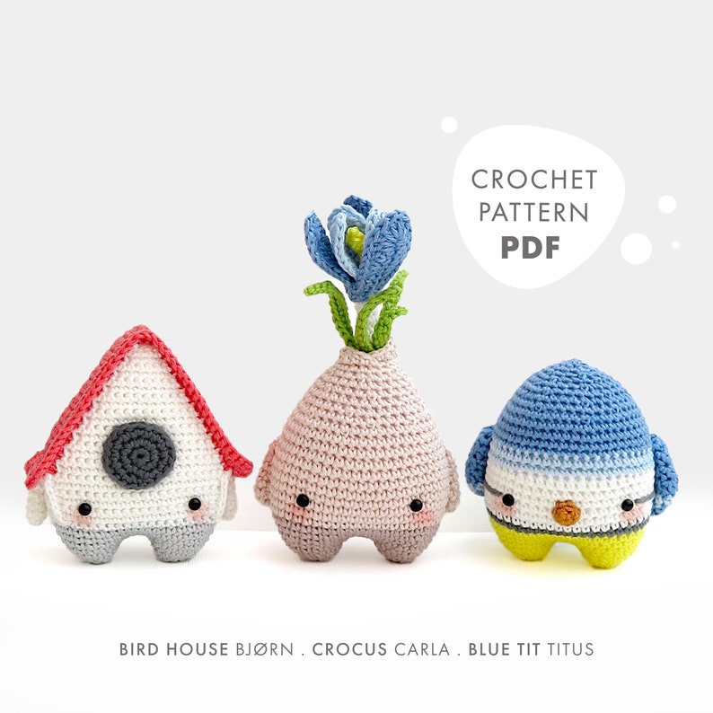 lalylala CROCHET PATTERN Spring Amigurumi Birdhouse, Bird, Flower Bulb, DIY project for 3 characters to play & decorate, beginner friendly image 1