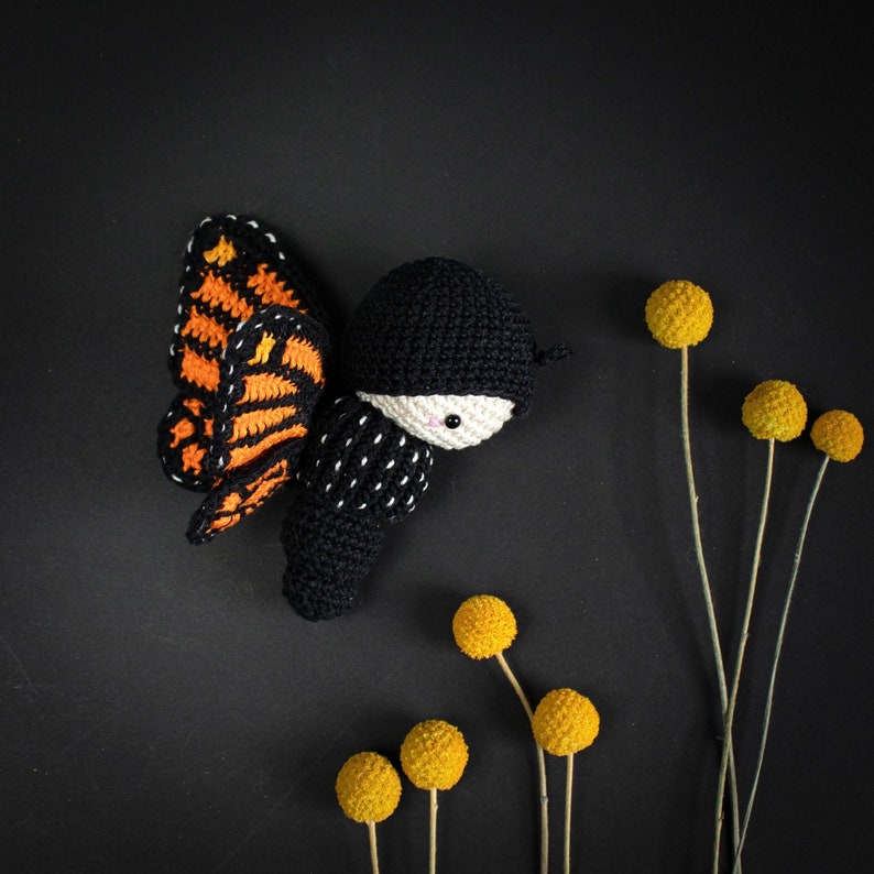 crochet kit lalylala MONARCH BUTTERFLY amigurumi diy orange and black butterfly, stuffed animal, baby rattle, nature, summer, spring image 7