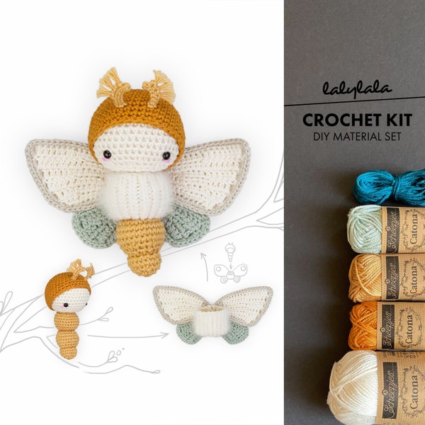 Häkelset lalylala GOLDENE TAGTRAUMMOTTE Amigurumi DIY • Schmetterling, Materialset für Häkeltier, Häkelspielzeug, Handarbeitsset, Babyrassel