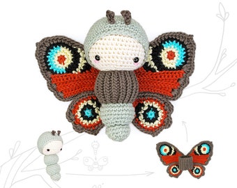 Crochet pattern lalylala PEACOCK BUTTERFLY amigurumi diy • caterpillar with interchangeable wings, nature, summer, cute baby rattle, nursery