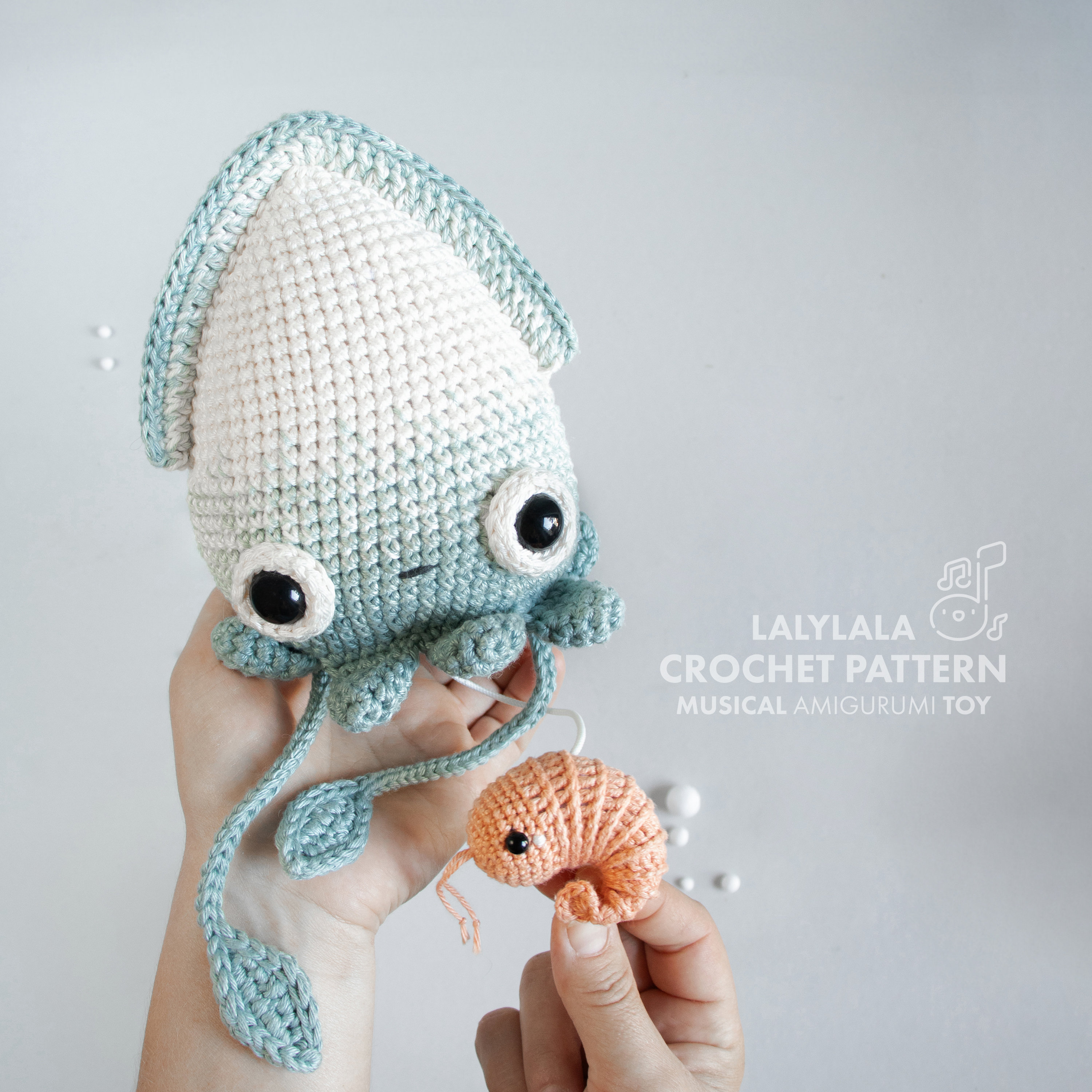 Crochet pattern Squid Seamus with Shrimp lalylala music box toy, digital amigurumi tutorial for minimalist underwater animal, Ocean