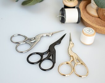 Stork Scissors •  small, black, silver, gold, super sharp tool for crochet embroidery sewing crafting, 9 cm, crane, bird