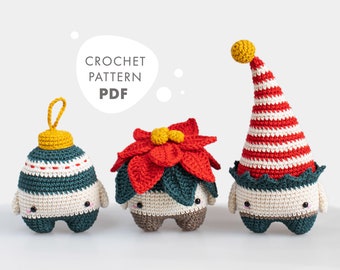 lalylala INSTRUCCIONES DE CROCHET Navidad Amigurumi Poinsettia, Adorno Navideño, Gnomo Patrón de Ganchillo DIY 3 Figuras de Ganchillo, Adecuado para Principiantes