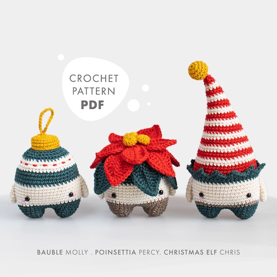 lalylala CROCHET PATTERN Christmas Amigurumi Poinsettia Elf Bauble DIY project for 3 characters to play decorate beginner friendly