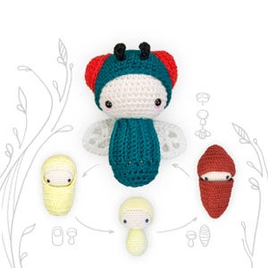 Crochet Pattern lalylala GREEN BOTTLE FLY amigurumi diy • life cycle: larva, wings, egg, cocoon, eduational toy, nature, biology, download